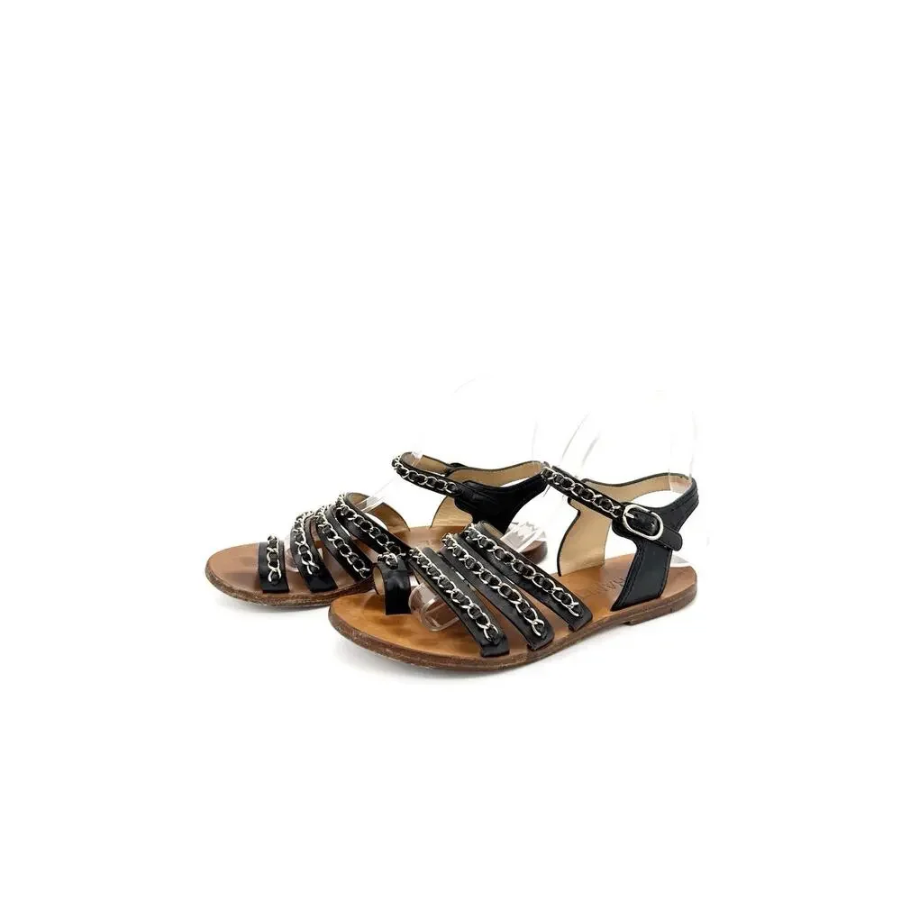 Chanel CC Logo Gladiator Sandals 37.5 US 7.5 Leather Multi Strap Chain Link - Picture 4 of 11
